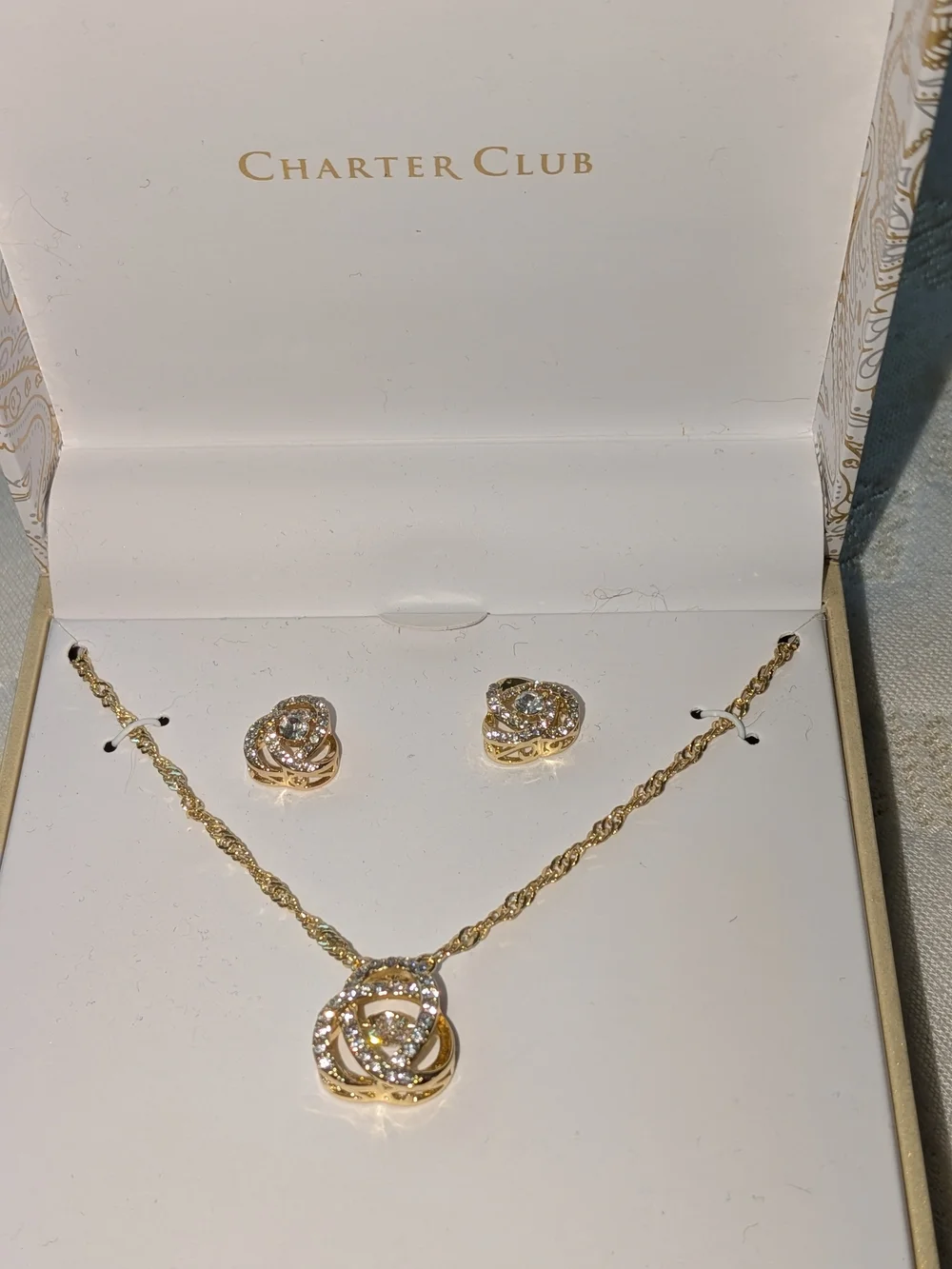 Charter Club Gold-Tone Crystal Knot Necklace and Stud Earrings